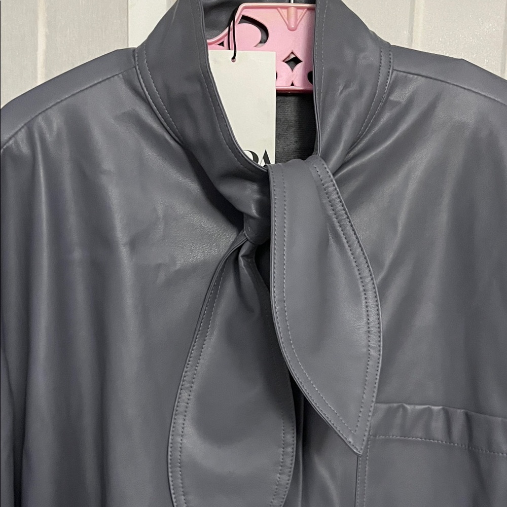 Zara Women's Dark Grey Faux Leather Tie Shirt